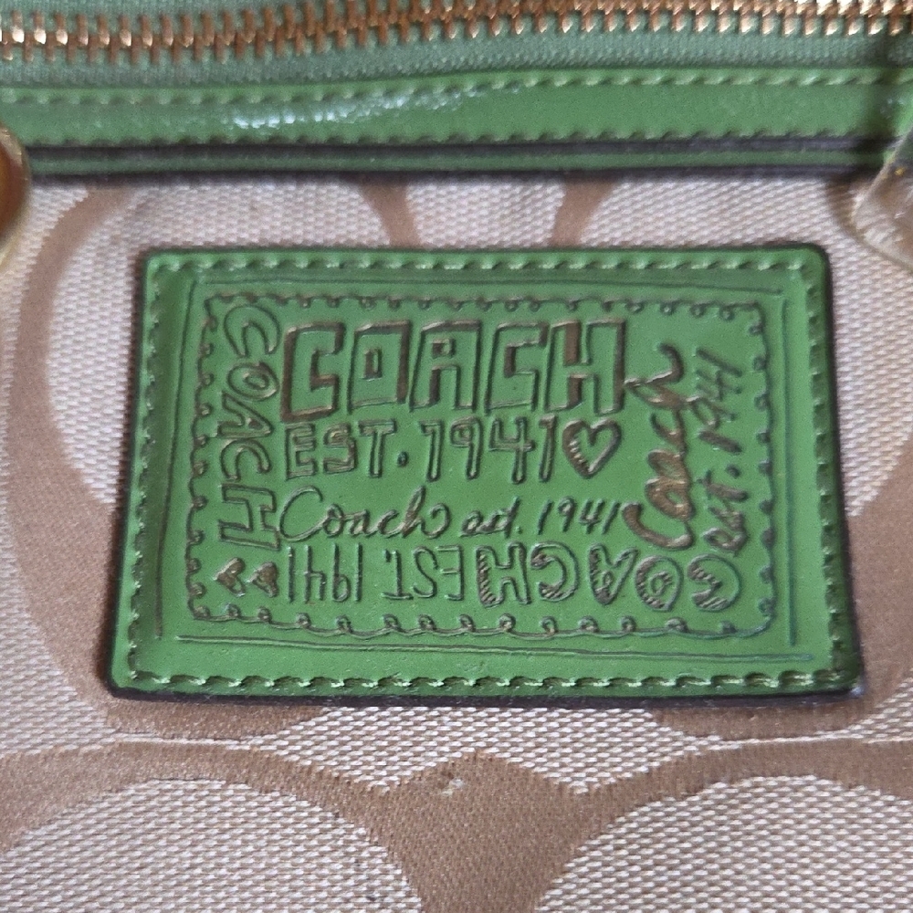 Coach Beige Signature Satchel with Green Trim - Picture 2 of 16